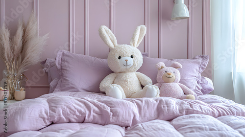 Two plush toys, a rabbit and a bear, sit on a pink bed with ruffled pillows.  A vase of pampas grass is in the background. photo