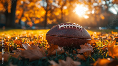 Autumn Football Close-Up: American Football on Golden Sunlit Grass with Fallen Leaves, Capturing the Warm, Seasonal Atmosphere and Sports Theme