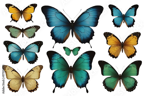 Collection of tropical butterflies in different colors and shapes. Isolated on white.