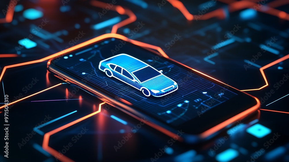 A blue car icon is shown on a dark smartphone screen surrounded by glowing lines in blue and orange. A blue car icon is shown on a dark smartphone screen surrounded by glowing lines in blue and orange.