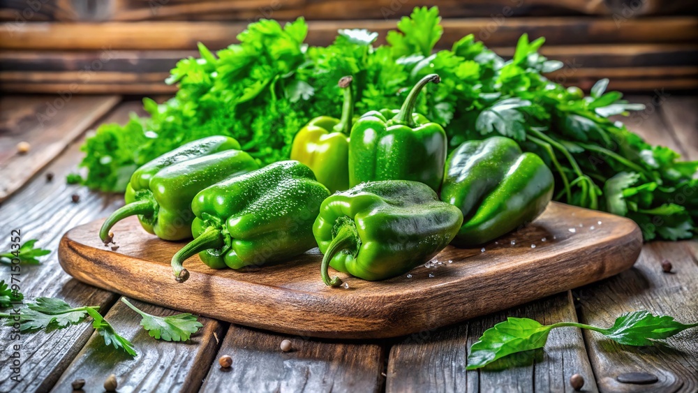 Crisp green peppers and fresh parsley adorn a rustic cutting board, infused with the essence of summer's morning dew and warm sunlight. Crisp green peppers and fresh parsley adorn a rustic cutting board, infused with the essence of summer's morning dew and warm sunlight.