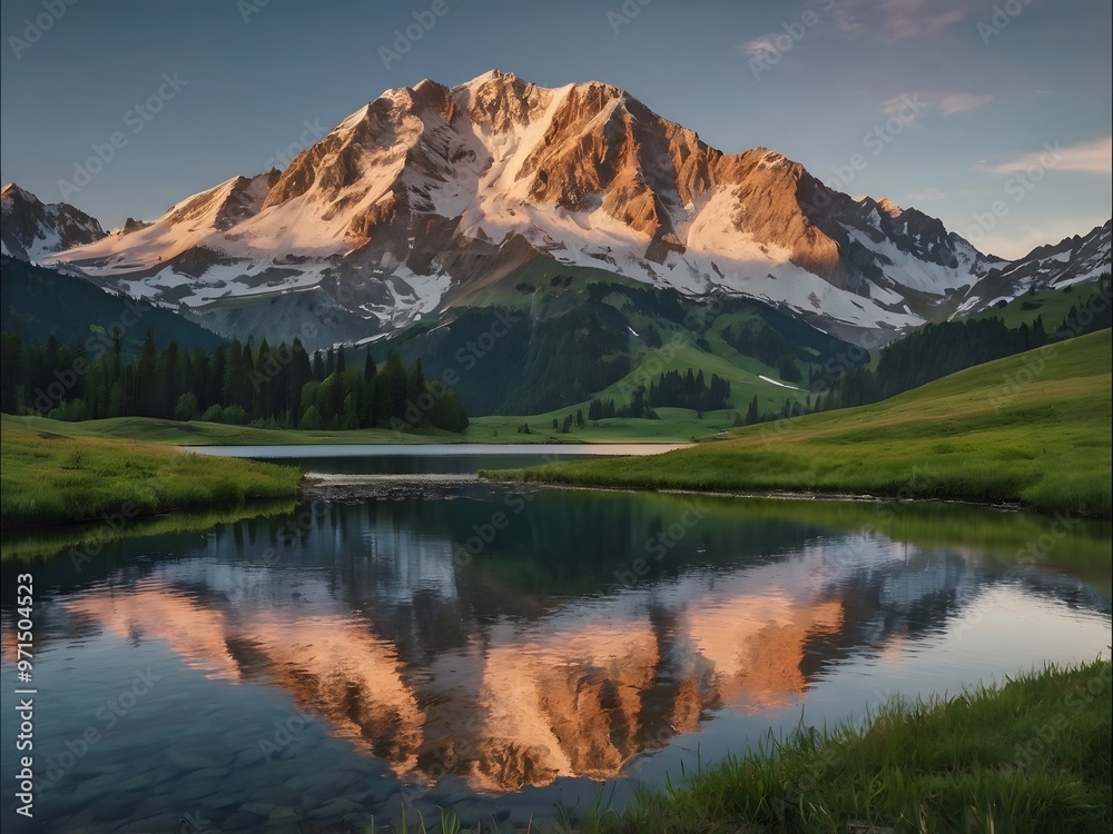 Majestic Mountain Peak Reflected in Still Lake Water at Sunrise