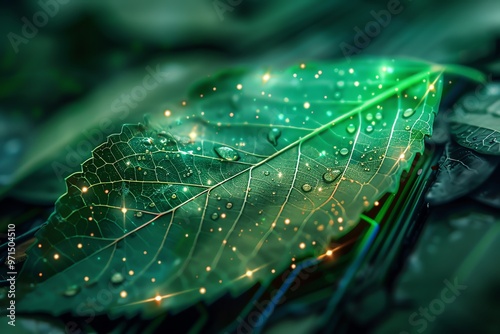 Futuristic green leaf with digital elements, ecofriendly technology theme photo