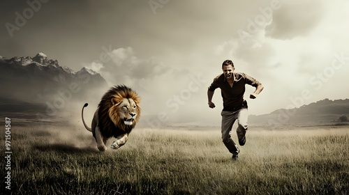 Man running away from a lion in a field.
