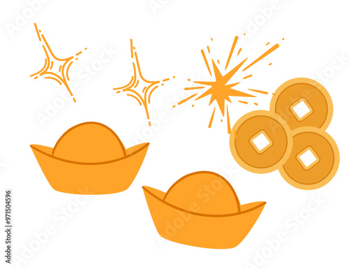 Set of golden chinese money - coins and ingots with shining stars. Vector illustration isolated on white background