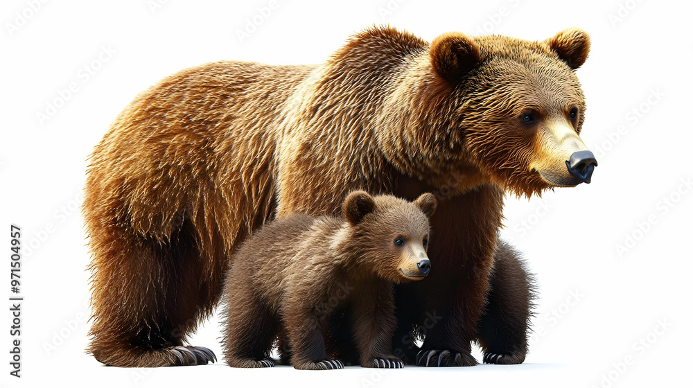 A mother bear stands protectively over her two cubs in a natural setting. A mother bear stands protectively over her two cubs in a natural setting.