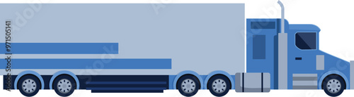 Big blue semi trailer truck is transporting goods on time