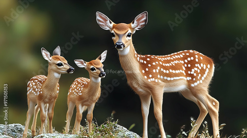 A mother deer stands with her two fawns in a serene natural setting. photo