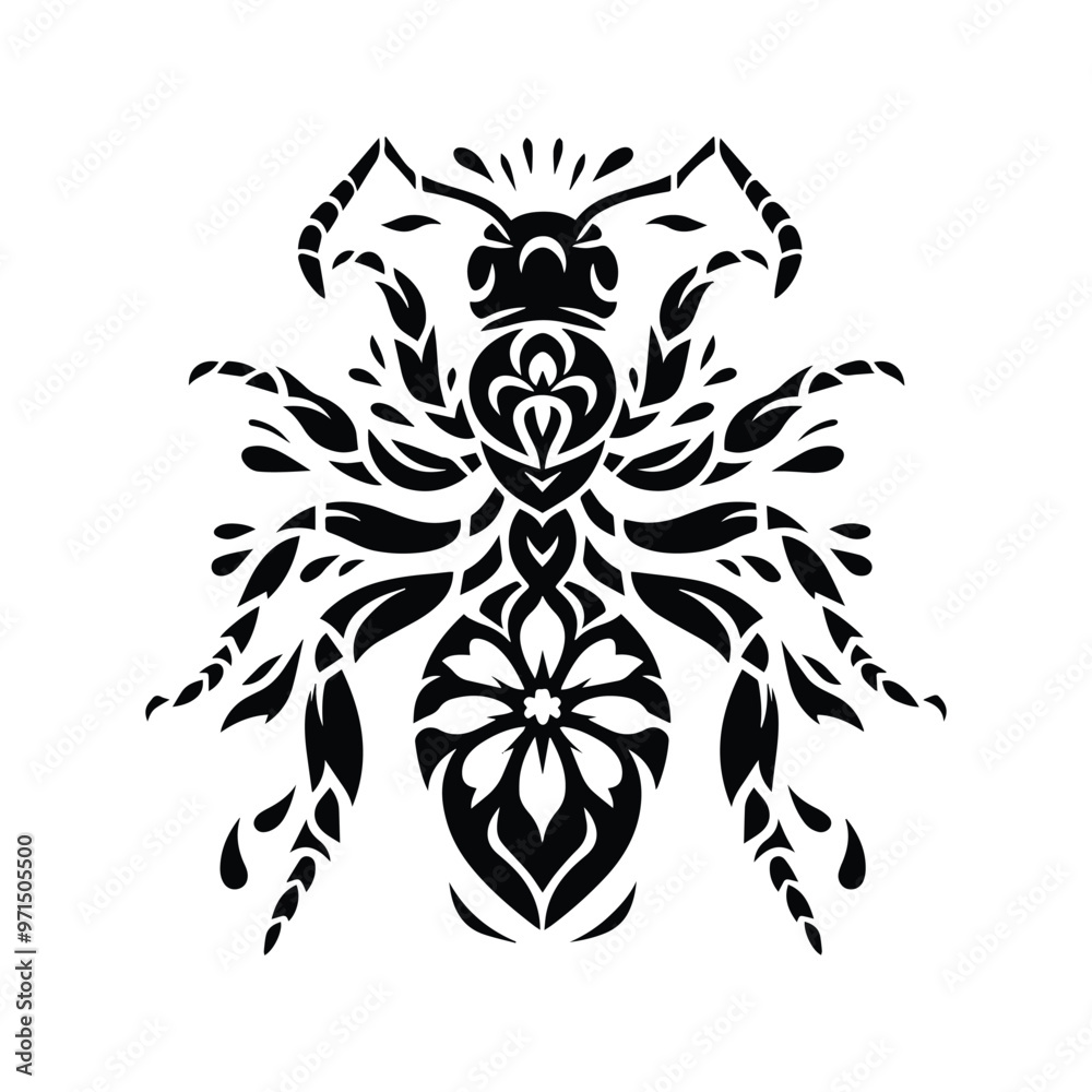ant in folk art black and white silhouette illustration ant in folk art black and white silhouette illustration