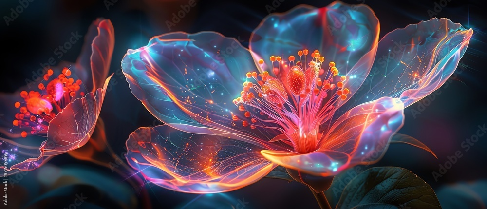Obraz premium Neon flowers, glowing colors, dark background, vibrant and surreal