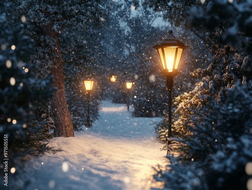 Illuminated Pathway Through a Snowy Forest