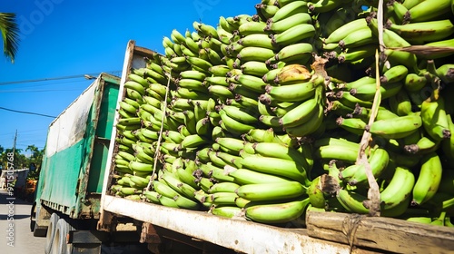 A truck bed overflowing with green bananas, ready for transport. photo