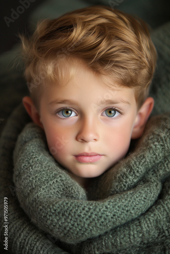 beautiful studio portrait of young boy wearing baggy wool sweater