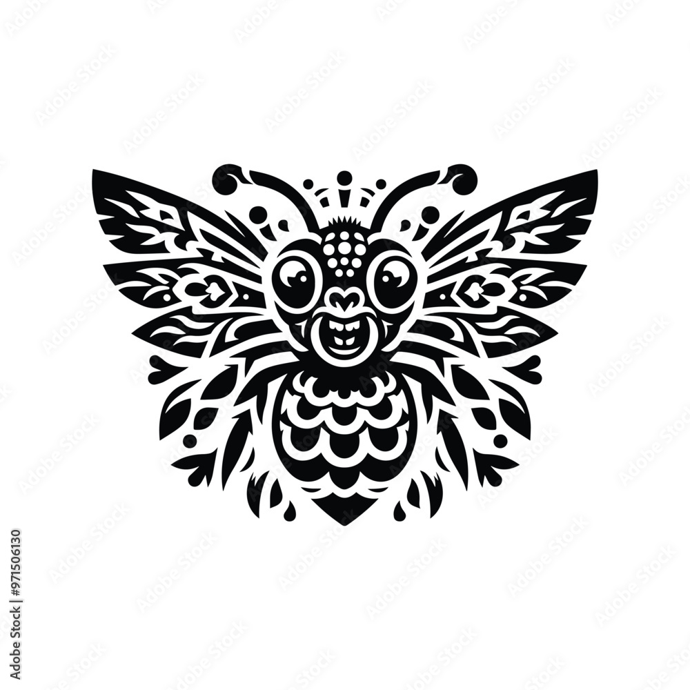 Bee in folk art black and white silhouette illustration Bee in folk art black and white silhouette illustration