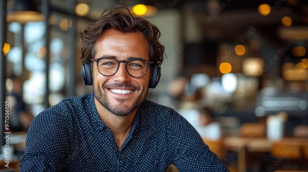 Happy middle-aged businessman sitting with laptop He smiled while working. The background of his office was blurred. Happy middle-aged businessman sitting with laptop He smiled while working. The background of his office was blurred.