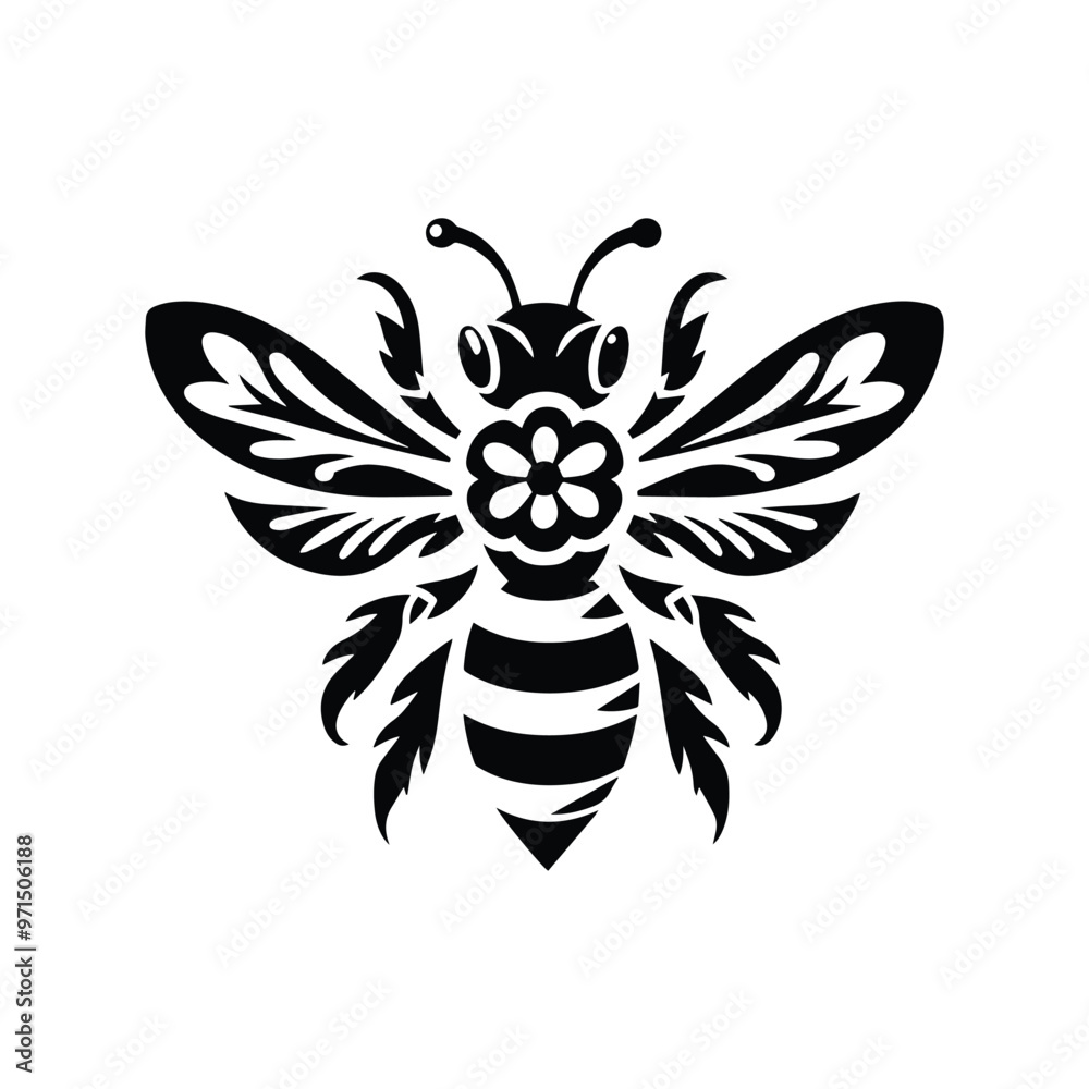 Fototapeta premium Bee in folk art black and white silhouette illustration