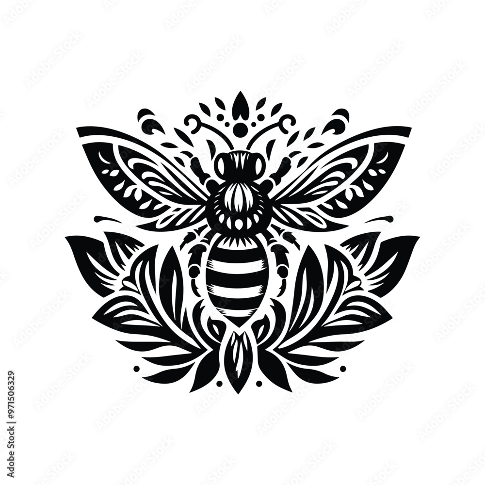Bee in folk art black and white silhouette illustration Bee in folk art black and white silhouette illustration