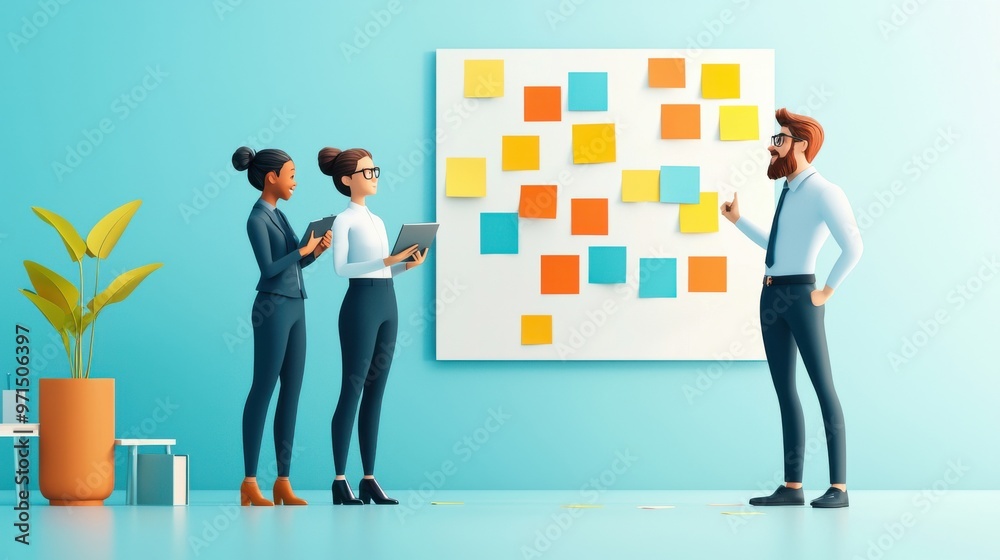 Fototapeta premium A diverse sales team around a whiteboard, passionately brainstorming new strategies to meet their sales goals, with lots of post-it notes., design illustration