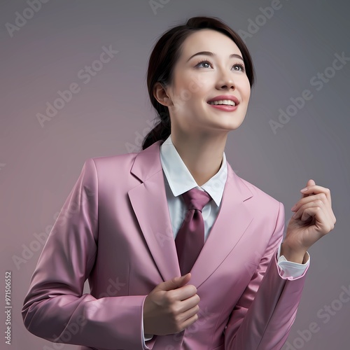 Strong Asian businesswoman in pink suit. She is smiling and looking up. photo