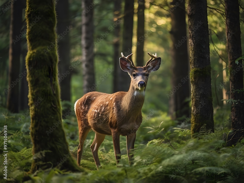 Young Deer in Lush Green Forest with Sunlight Young Deer in Lush Green Forest with Sunlight