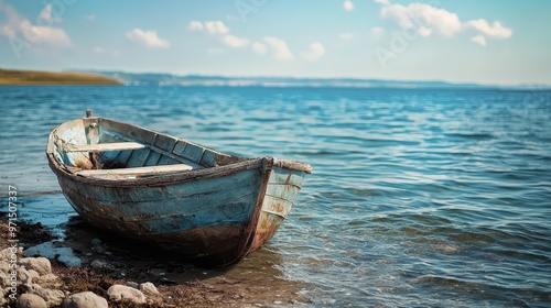  A tiny blue boat atop a sandy beach, facing a tranquil body of water Sky visible in the background