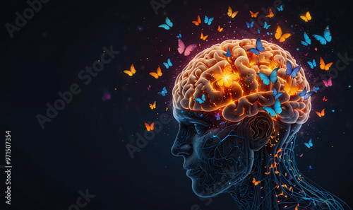 Creative Concept of a Human Head with Colorful Butterflies Symbolizing Transformation and Growth