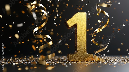 A gold number one surrounded by confetti and ribbons on a dark background. The number one is a symbol of success, achievement, and victory.