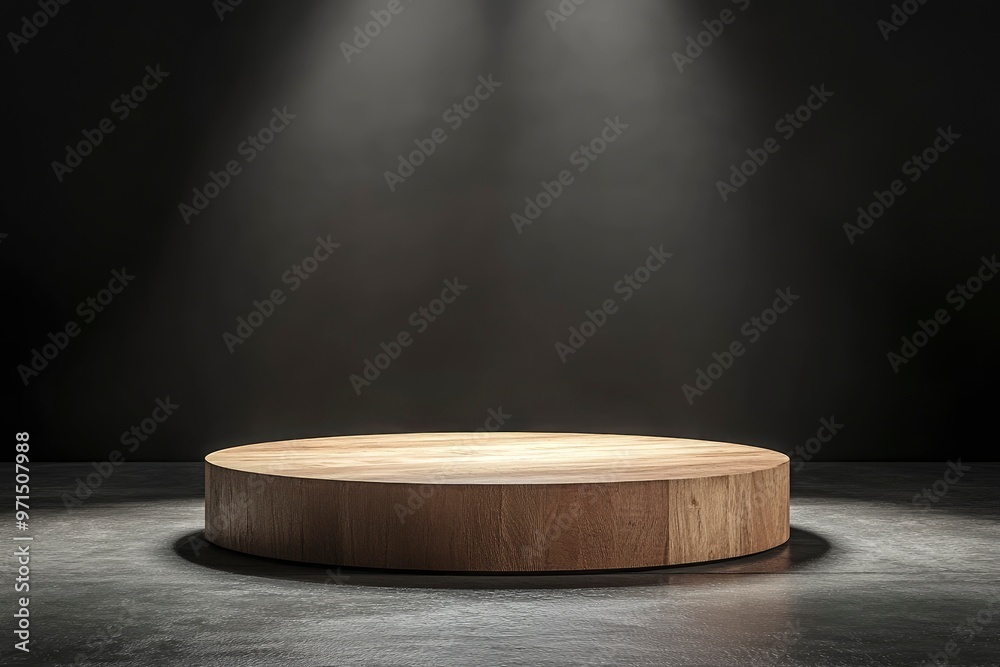 Wooden podium for product presentation in the dark room 3D renderingwih generative ai
