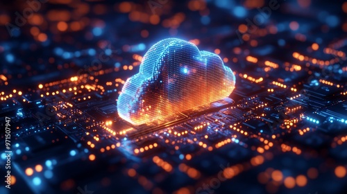 Digital artwork depicting cloud computing technology It represents a concept that seamlessly integrates into the office environment. and computer screens that display information