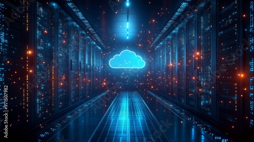 Digital artwork depicting cloud computing technology It represents a concept that seamlessly integrates into the office environment. and computer screens that display information