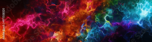 Sprawling cosmic nebula with vibrant, glowing colors including pink, orange, blue, and green, forming a vast and dynamic abstract space scene. photo