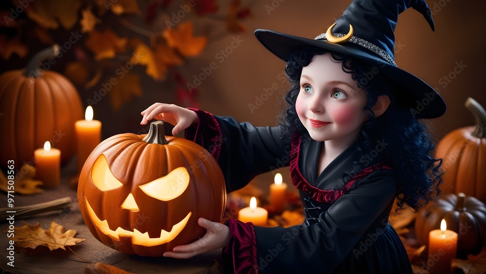 Fototapeta premium A little witch girl is holding a Halloween pumpkin head.