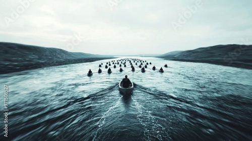 A flowing river with various sized boats, all navigating towards the same direction. The largest boat, leadership, is guiding the others in formation