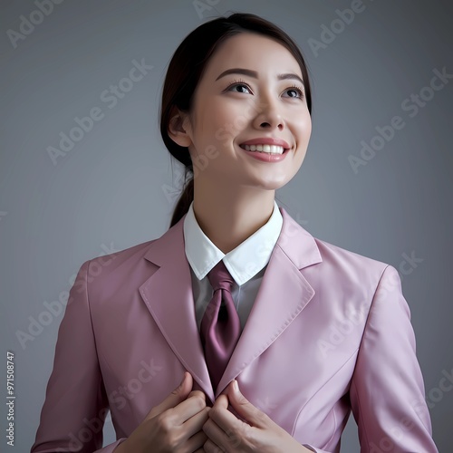 Strong Asian businesswoman in pink suit. She is smiling and looking up. photo