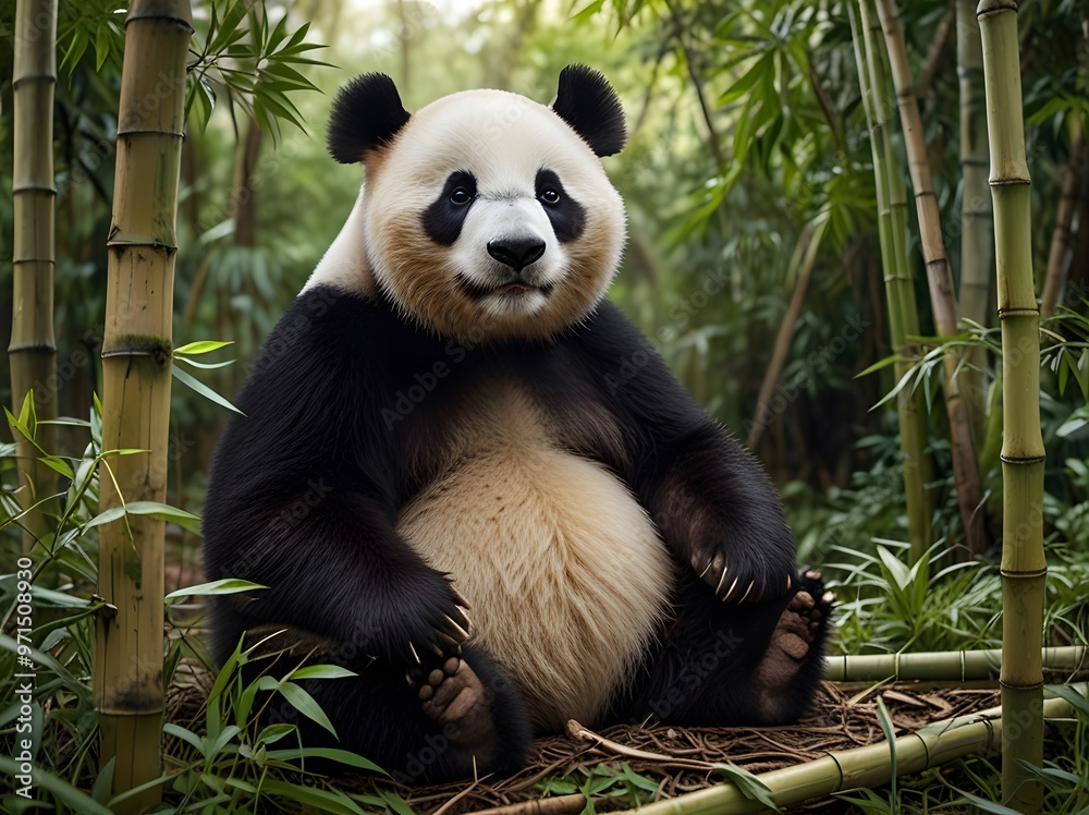Obraz premium Cute Panda Bear Sitting in Bamboo Forest