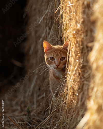 Barn Cat Prowling Among Golden Hay Stacks photo