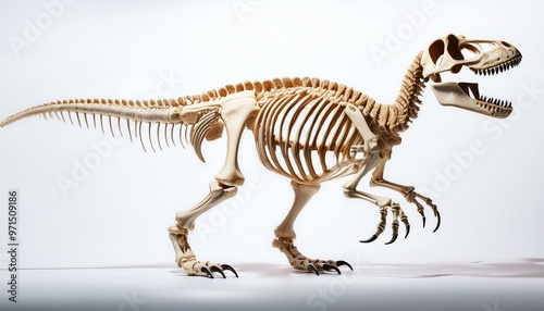 T-Rex Dinosaur Bone Skeleton: Detailed Display on White Background