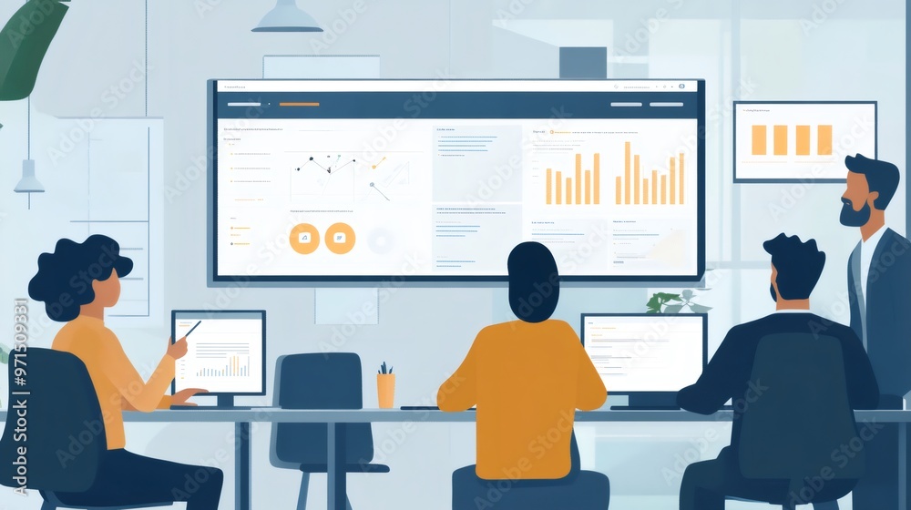 A group of people working at a desk with charts and graphs on computer screens. A group of people working at a desk with charts and graphs on computer screens.