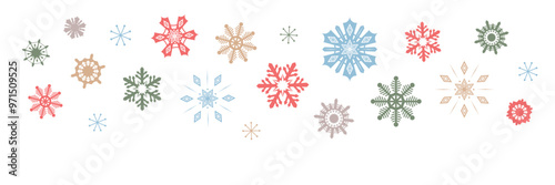 Cute colorful snowflakes Christmas vector icons on white background. Winter holiday design with nordic snowflake crystals hand drawn. Good for card, banner, any festive print. Bright Xmas background.