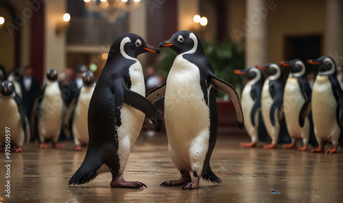 Cute Pair of Penguins Communicating in a Beautifully Decorated Space with Other Penguins