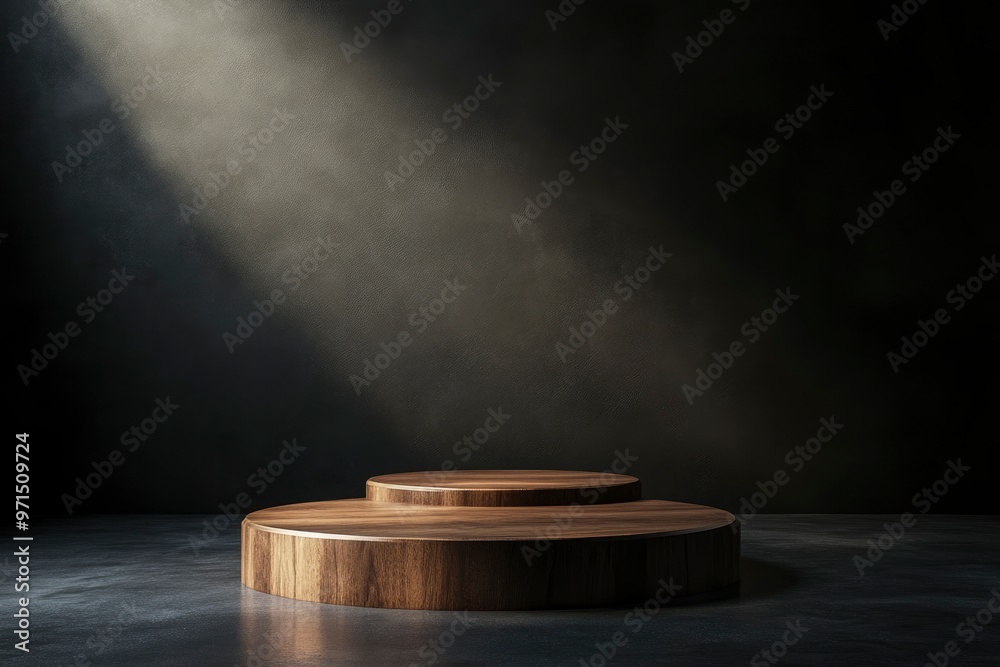 Wooden podium for product presentation in the dark room 3D renderingwih generative ai Wooden podium for product presentation in the dark room 3D renderingwih generative ai