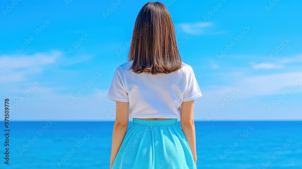 Woman in White Shirt and Blue Skirt Looking at Sea Woman in White Shirt and Blue Skirt Looking at Sea