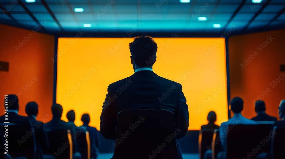 A man in a suit sits in a dark room with an orange screen in front of him and other people sitting behind him. A man in a suit sits in a dark room with an orange screen in front of him and other people sitting behind him.