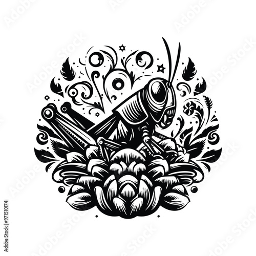 Grasshopper in folk art black and white silhouette illustration