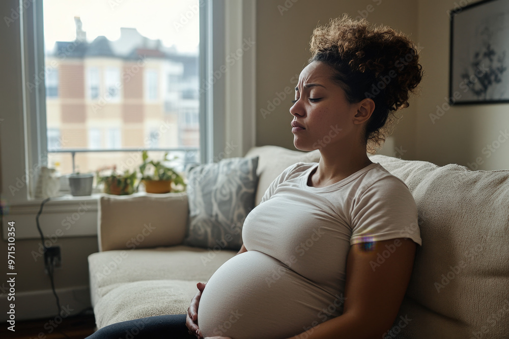Pregnant woman sitting on a couch, holding her belly and frowning in discomfort Pregnant woman sitting on a couch, holding her belly and frowning in discomfort