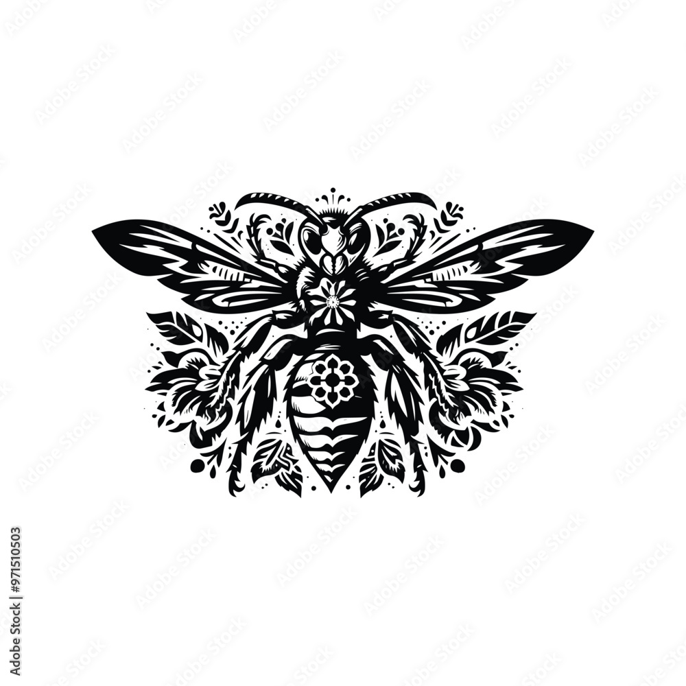 Obraz premium hornet in folk art black and white silhouette illustration