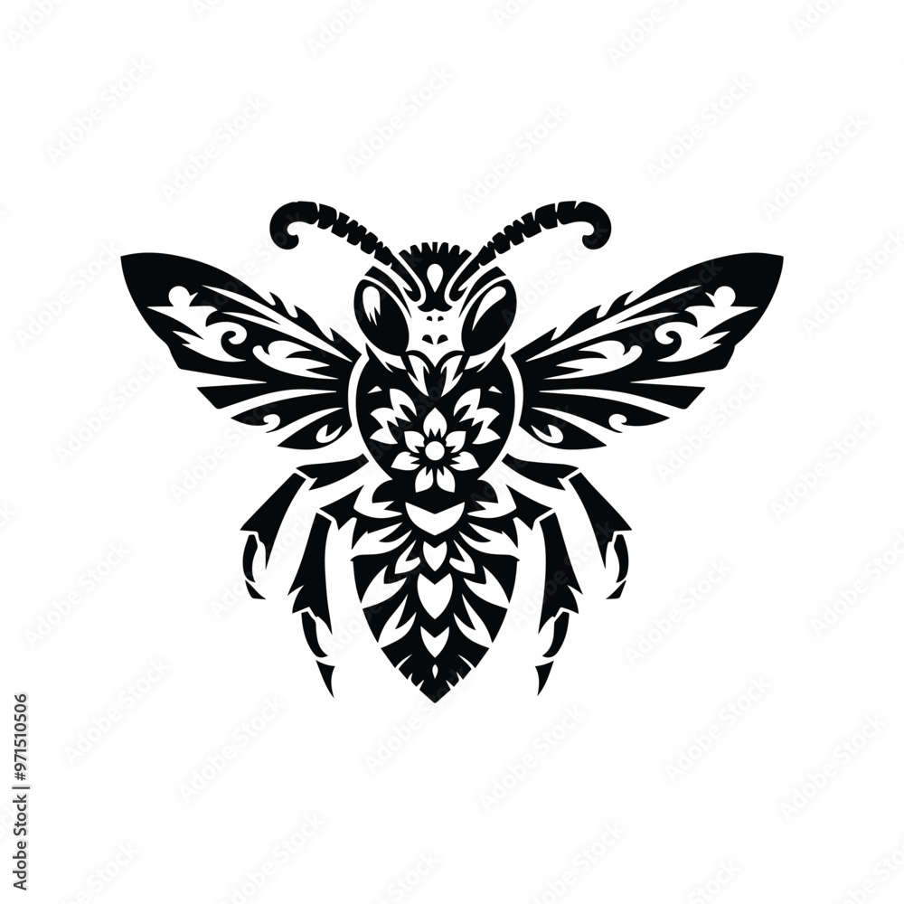 Fototapeta premium hornet in folk art black and white silhouette illustration