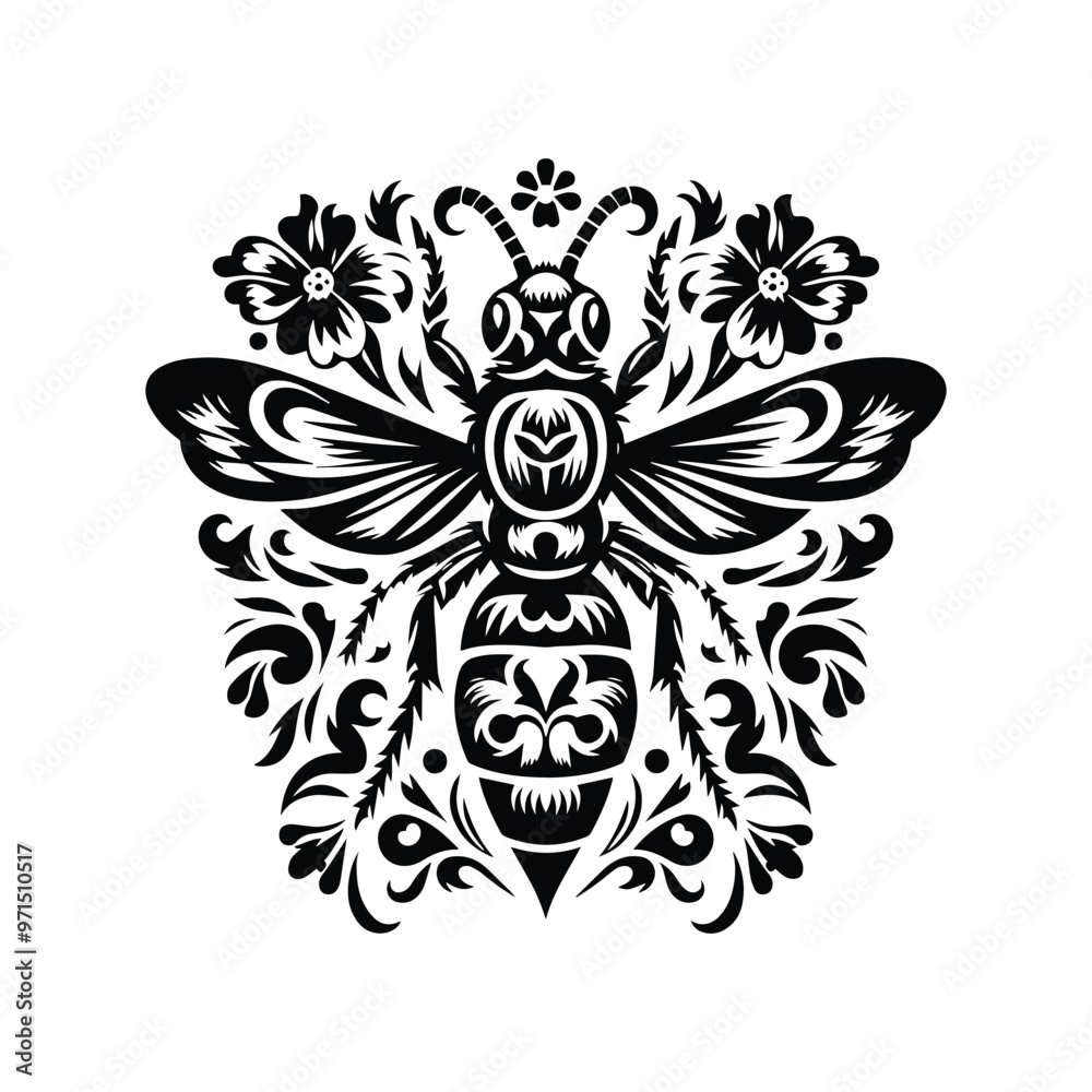 hornet in folk art black and white silhouette illustration hornet in folk art black and white silhouette illustration