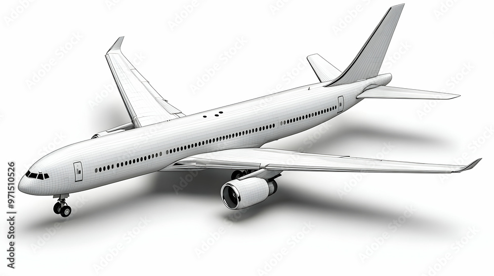 A realistic model of a commercial airplane on a white background. A realistic model of a commercial airplane on a white background.