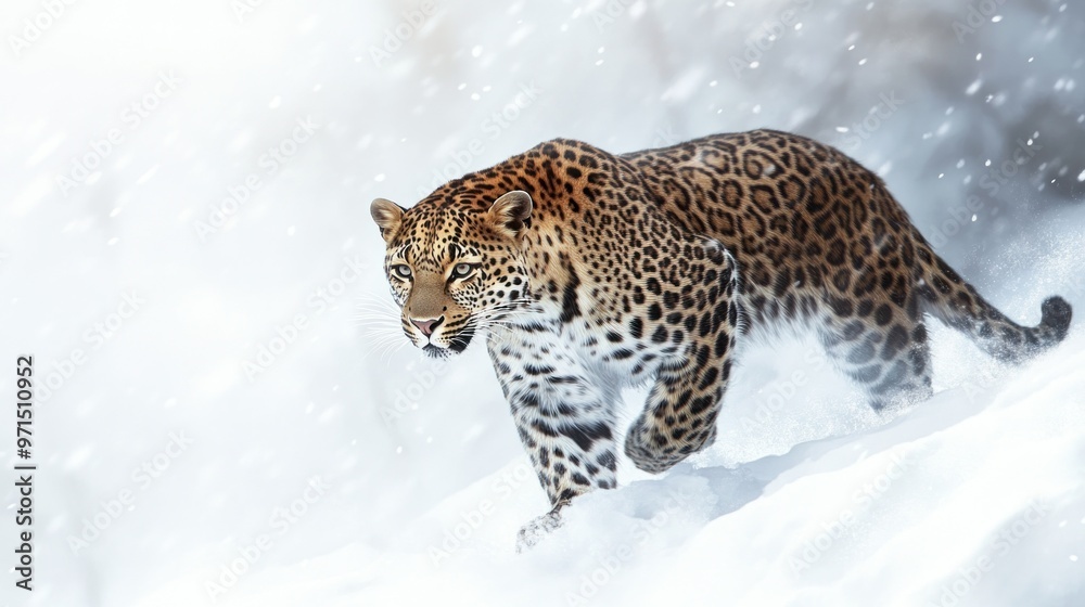 Obraz premium A Leopard Walking Through Snow With Blurry Background